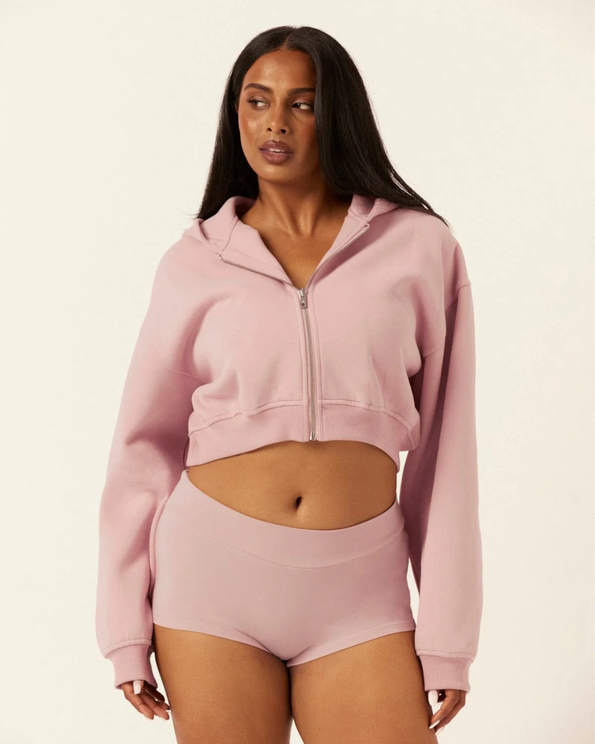 Cropped Zip Hoodie | Dusty Pink - Image 3
