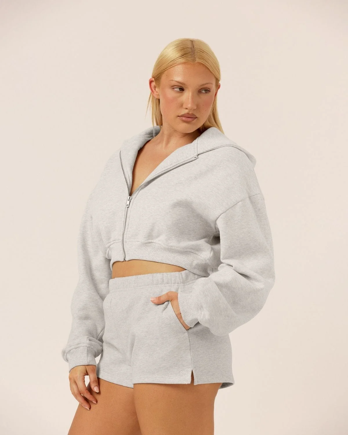 Cropped Zip Hoodie | Snow Marl - Image 8