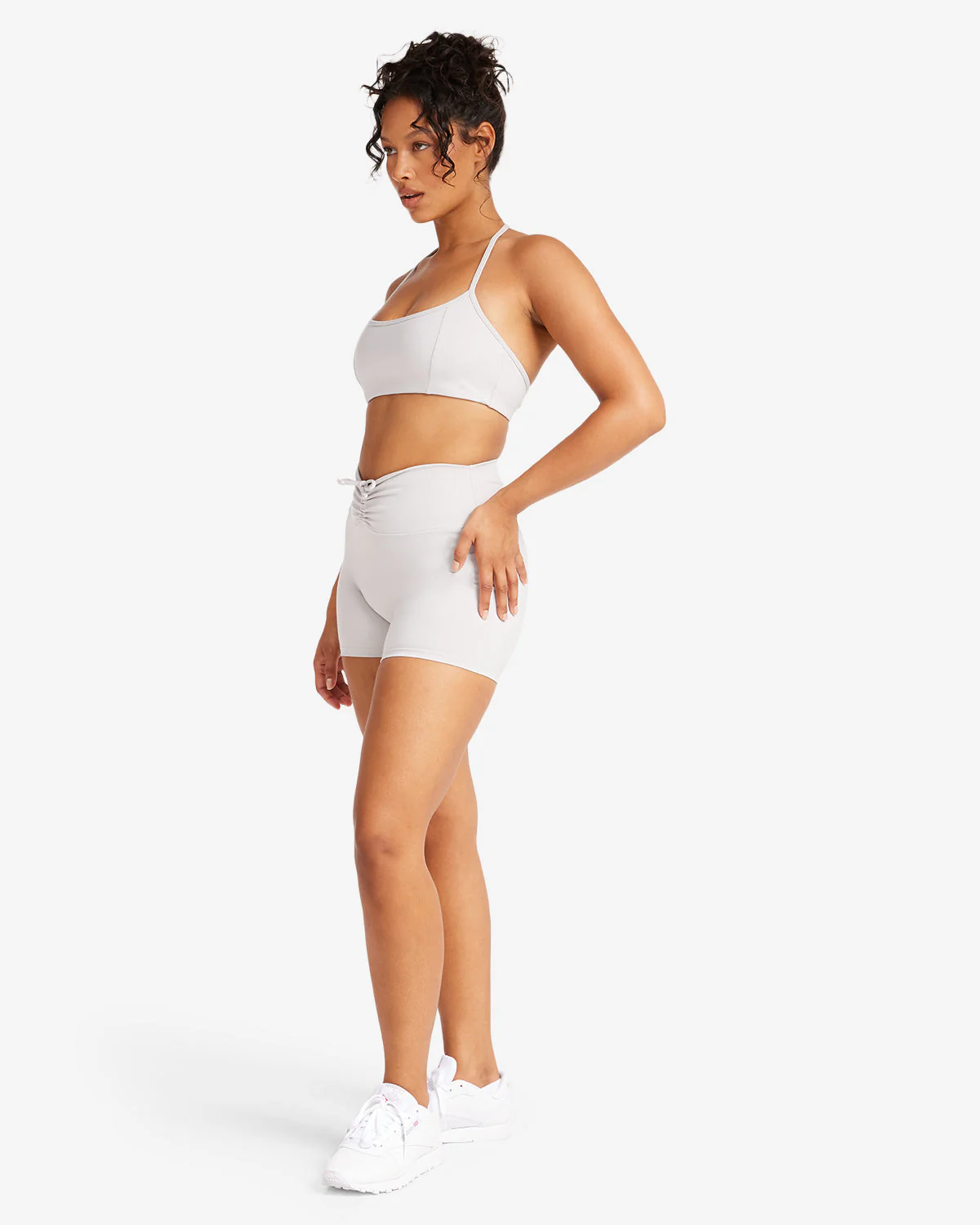 Serenity Drawstring Scrunch Shorts 4" | Light Grey - Image 3