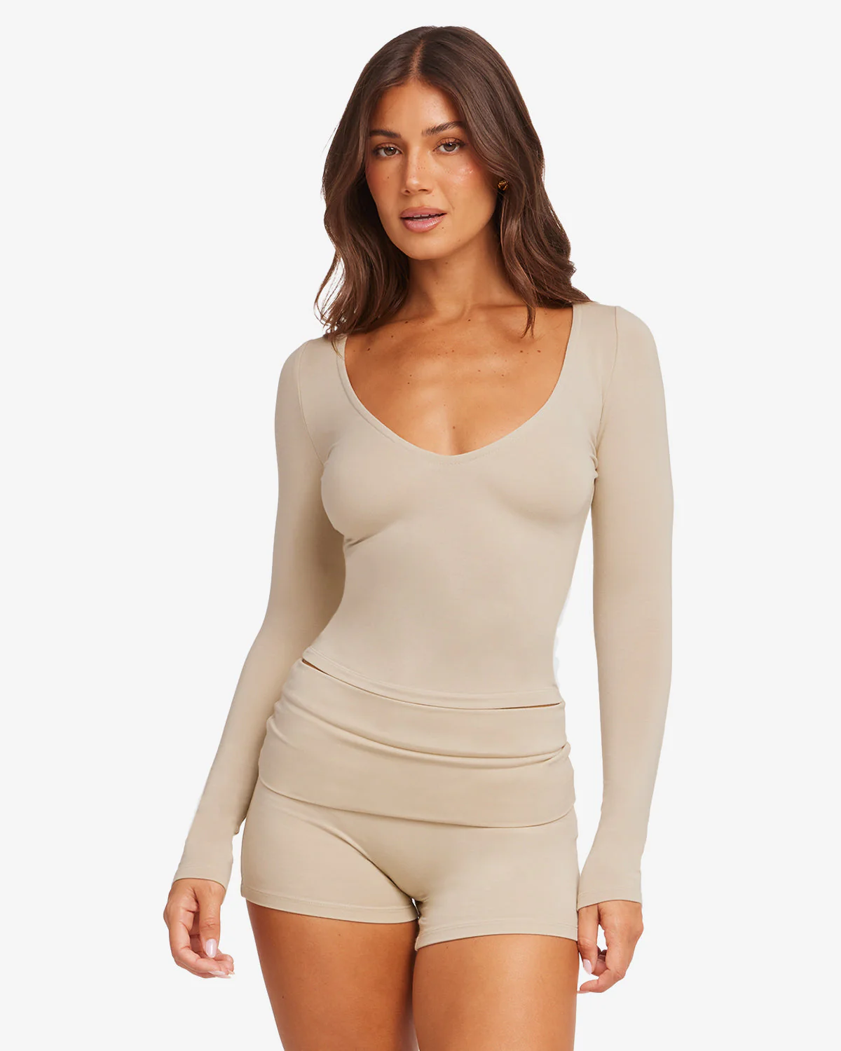V Neck Long Sleeve Top | Fawn - Image 6